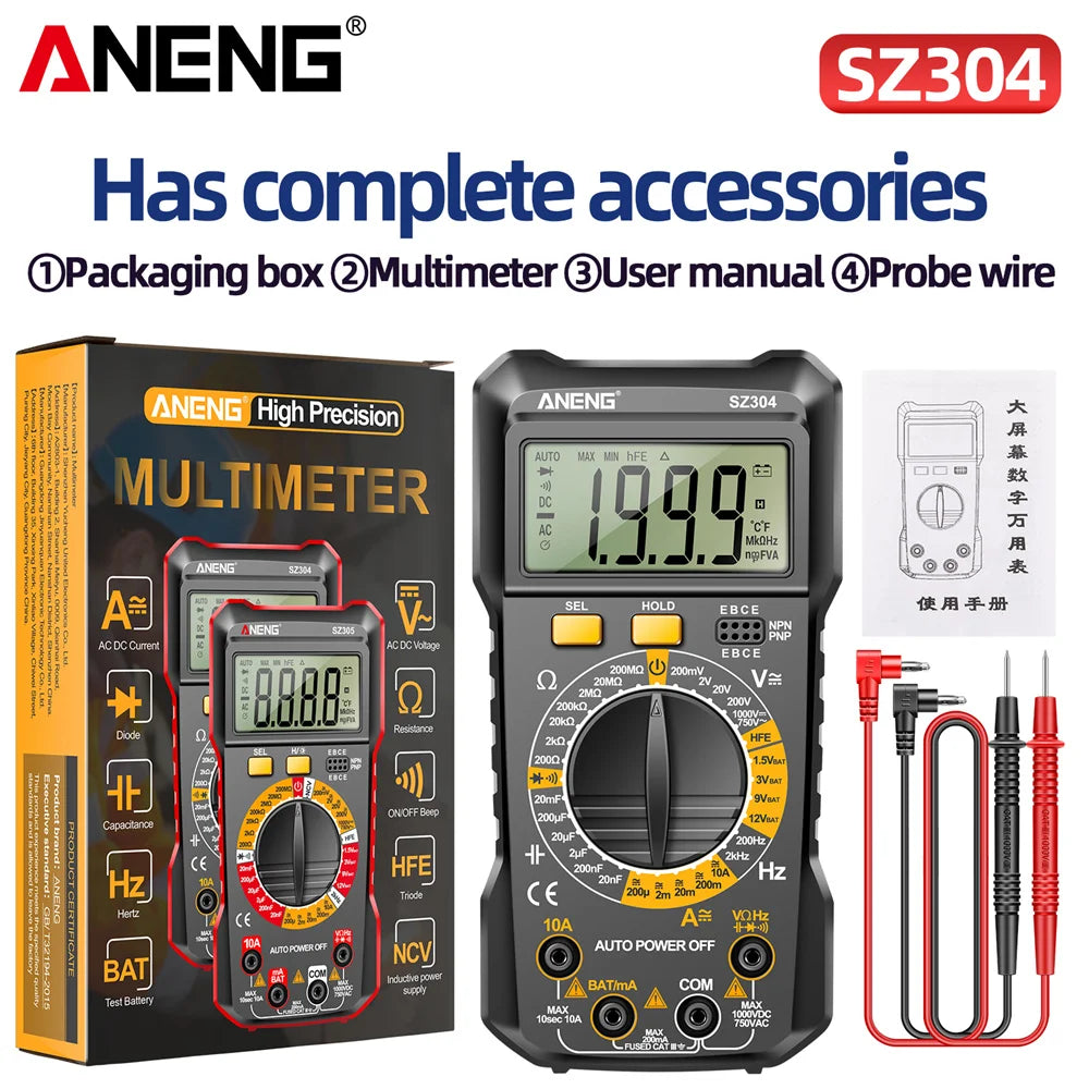 ANENG SZ304 Multifunction Digital Multimete True RMS Handheld High Precision Tester NCV AC/DC Votage Current Resistance Ohm Tool