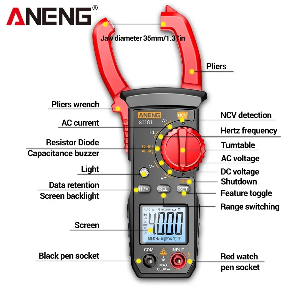 ANENG ST181 Digital Clamp Meter Multimeter AC Voltage 4000 Counts Multimeter Tester Amp Hz Capacitance NCV Ohm Test Tools